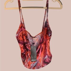 Mesh Marble Cowl Neck Top